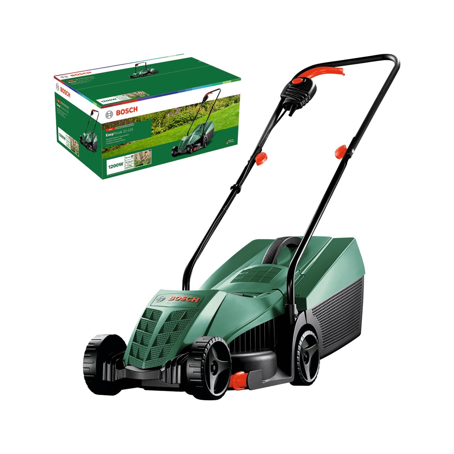 Bosch kabelgebundener Rasenmäher EasyRotak 32-235 (1200-W-Motor, Schnittbreite: 32 cm, 31-Liter-Grasfangkorb, optimal für kleinere Gärten) 32cm Rasenmäher (Neu)