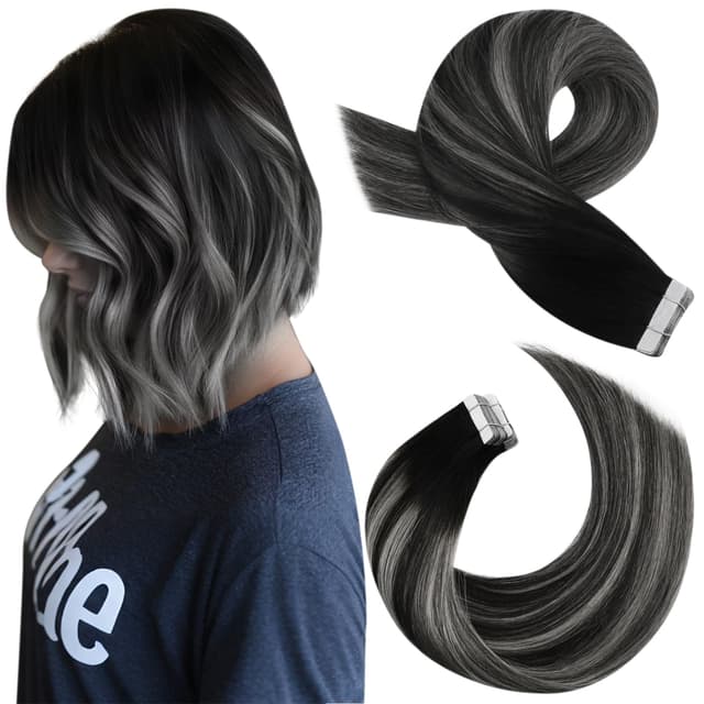Moresoo Tape in Extensions Echthaar Invisible Remy Haar Extensions Tape in Echthaar Balayage Schwarze Wurzeln zu Silber mit Schwarz Haarverlängerungen Echthaar Tape in 35 cm 20 Stück/50g 3-1#1B/Silber/1B 35 cm