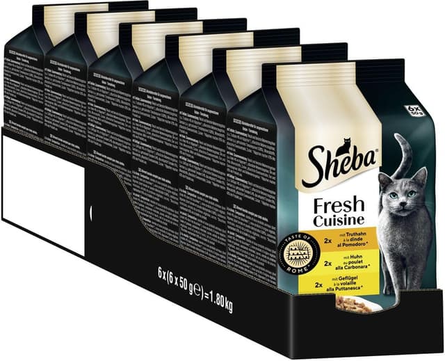 Sheba Portionsbeutel Katzennassfutter Multipack Fresh Cuisine Taste of Rome mit Truthahn und Huhn, 6x6x50g - Feines Katzenfutter aus Truthahn und Huhn 300 g (6er Pack)