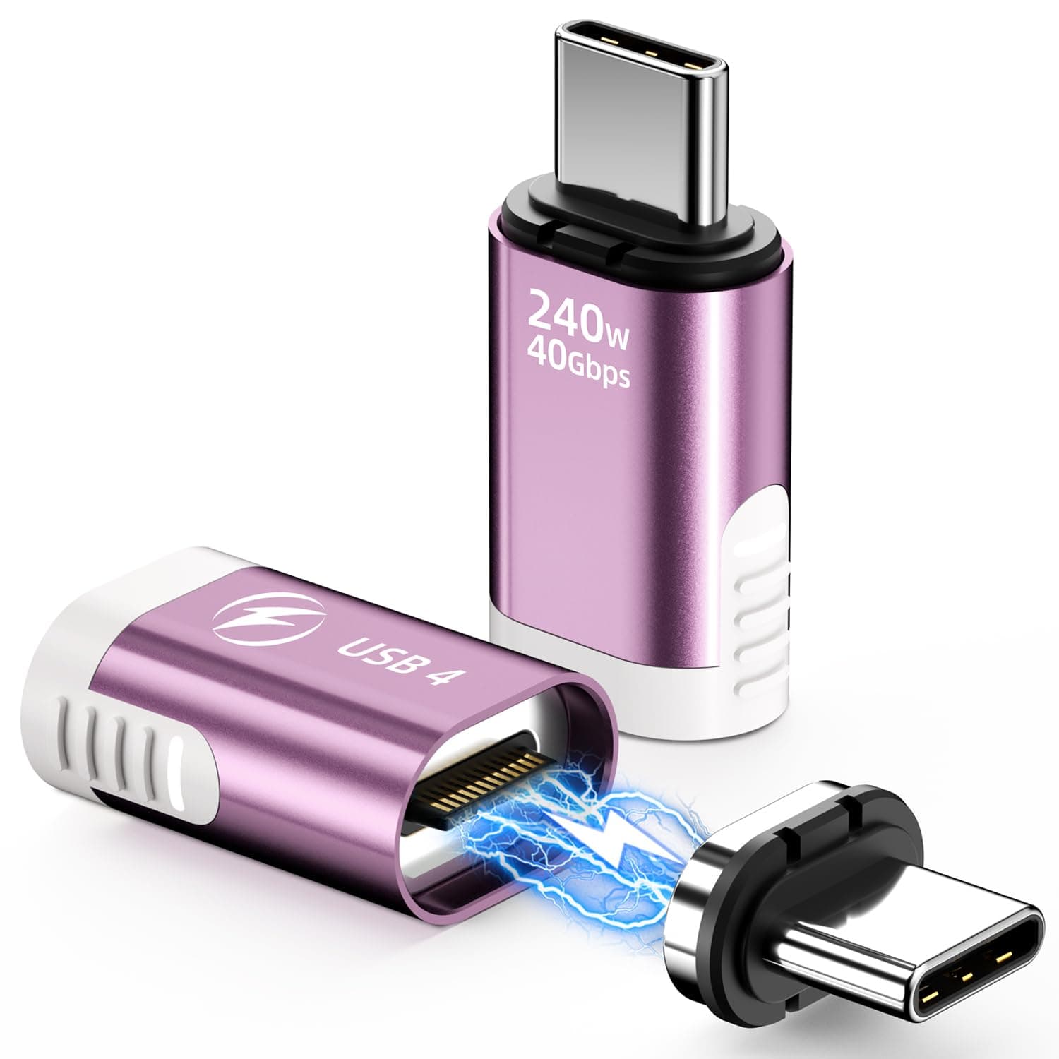 USB C Magnet Adapter 240W, (2 Pack) Magnetischer USBC Adapter 24 Pin Gerade mit USB4 40Gbps 8K 60Hz Video für iPhone 15/16 Serie, Thunderbolt 3/4, MacBook Pro/Air und mehr Typ C Geräte, Rosa