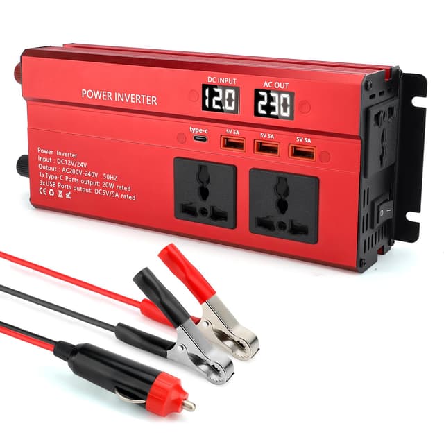 WODHMIEY 1000W Kfz Wechselrichter 12V/24V auf 230V–Auto Spannungswandler mit 3 Steckdose, 2 USB, 1 Type-C, Schnellladung, Dual-LED-Display, für Camping, Reisen, Wohnmobil, LKW & Notfallstromversorgung 1000W Ohne Ambientebeleuchtung Rot