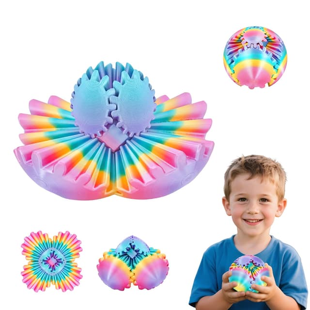 Gear Ball 3D gedrucktes Fidget Spielzeug Drehbare Zahnradkugel Stressabbau Schreibtischspielzeug Erwachsene und Kinder Geschenk für Weihnachten Wichteln (Glänzender Regenbogen, Durchmesser: 8,5 cm)
