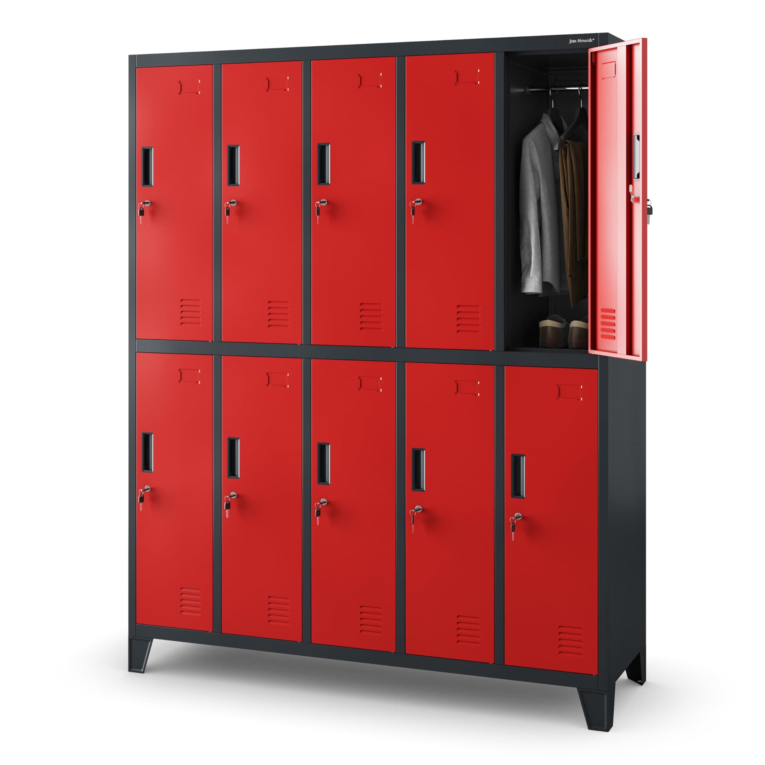 Umkleideschrank 5B2A Spind Spint Schließfachschrank Metallschrank mit 10 Fächern Etikettenhalter Lüftungsschlitze Metall Pulverbeschichtet 172 cm x 136 cm x 45 cm (H x B x T) (Anthrazit-Rot) Anthrazit-rot 1