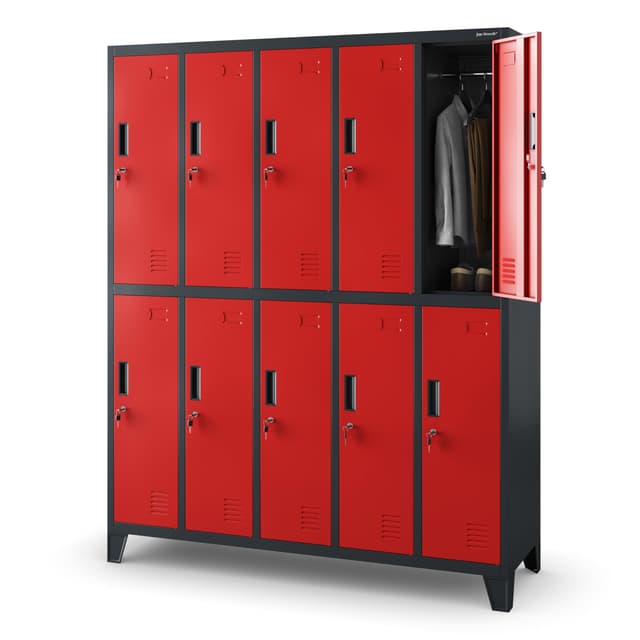 Umkleideschrank 5B2A Spind Spint Schließfachschrank Metallschrank mit 10 Fächern Etikettenhalter Lüftungsschlitze Metall Pulverbeschichtet 172 cm x 136 cm x 45 cm (H x B x T) (Anthrazit-Rot) Anthrazit-rot 1