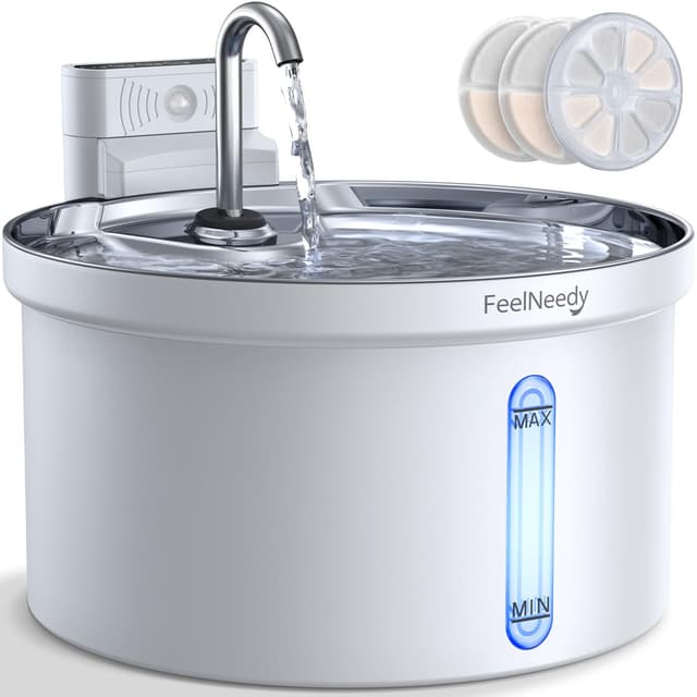 FEELNEEDY 3,5L Katzenbrunnen Edelstahl Kabellos mit Sensor, Trinkbrunnen für Katze mit Akku 4000mAh Katzen Batteriebetrieben Wasserbrunnen Super Leise mit 3 Filter (Acrylnitril-Butadien-Styrol (ABS)) Brunnen ABS Weiß+3 Filter+1 Schwämme