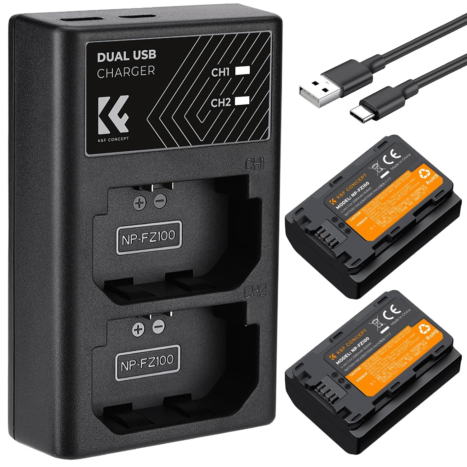 K&F Concept NP-FZ100 Ersatzakku,2er Pack 2280mAh Kameraakku USB Dual Ladegerät für Sony Alpha 9, A9, Alpha 9R, A9R, Alpha 9S, A9S, A7RIII A7R3, A7 III, A7R4, A7RIV ZV-E10ii Digitalkameras