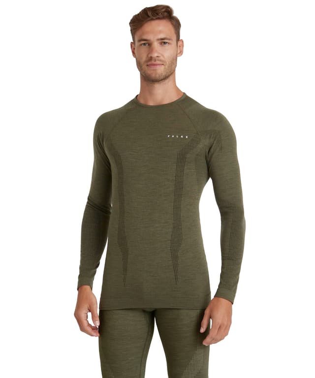 FALKE Herren Wool-Tech Round Neck Funktionsshirt Langarm warme und kalte Temperaturen Funktionsunterwäsche atmungsaktiv klimaregulierend geruchshemmend nachhaltige Wolle Funktionsmaterial 1 Stück S Grün Olive 7830