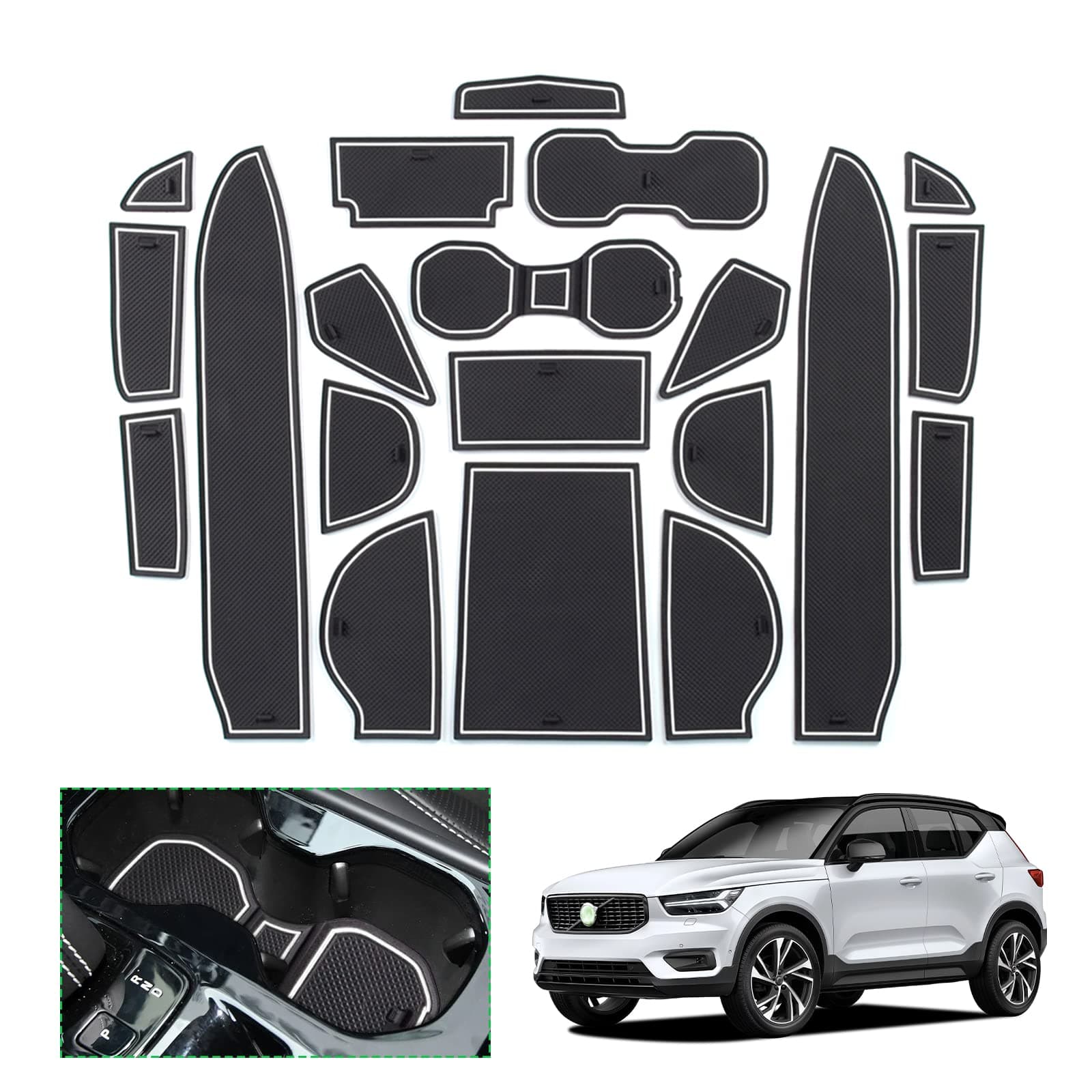 GAFAT Antirutsch- & Getrnkehalter Set fr Volvo XC40 / C40 Recharge 2018-2024 Inkl. Mittelkonsole, Aufbewahrungsbox, Trnaht Matten (Wei) Antirutschmatten Weiß