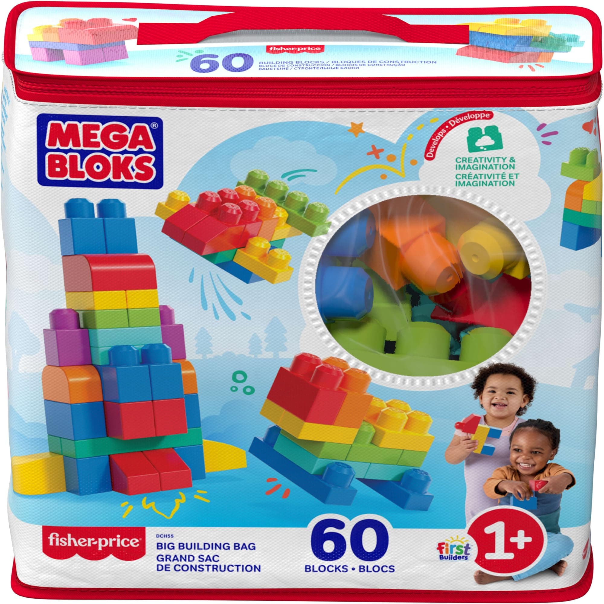 Mega Bloks, Bausteine für Kinder ab 1 Jahr, 60 Bauklötze, mit wiederverwendbarem Aufbewahrungsbeutel, fördert Kreativität und Fantasie, Spielzeug ab 1 Jahr, DCH55 Blauer Beutel Single