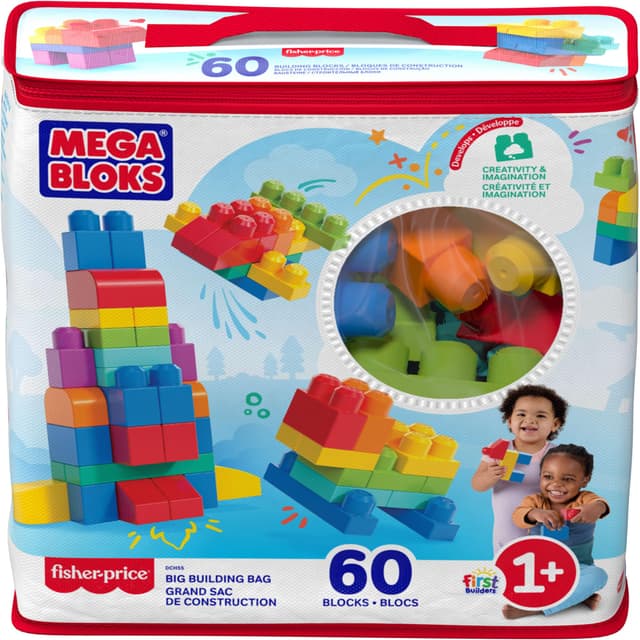 Mega Bloks, Bausteine für Kinder ab 1 Jahr, 60 Bauklötze, mit wiederverwendbarem Aufbewahrungsbeutel, fördert Kreativität und Fantasie, Spielzeug ab 1 Jahr, DCH55 Blauer Beutel Single