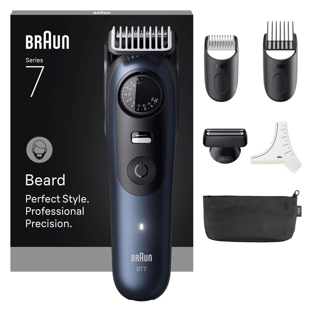 Braun Barttrimmer Series 7, Elektrischer Bartschneider Herren mit 6 Zubehörteile, Ultrascharfe ProBlade Klinge, 120 Min Akkulaufzeit, Kabelloser Bartrasierer, 40 Längen, Wasserdicht, BT7520, Blau