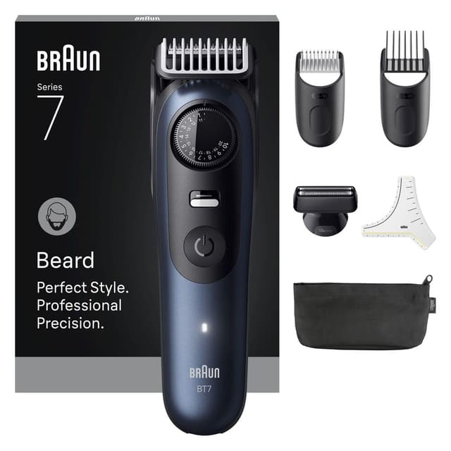 Braun Barttrimmer Series 7, Elektrischer Bartschneider Herren mit 6 Zubehörteile, Ultrascharfe ProBlade Klinge, 120 Min Akkulaufzeit, Kabelloser Bartrasierer, 40 Längen, Wasserdicht, BT7520, Blau
