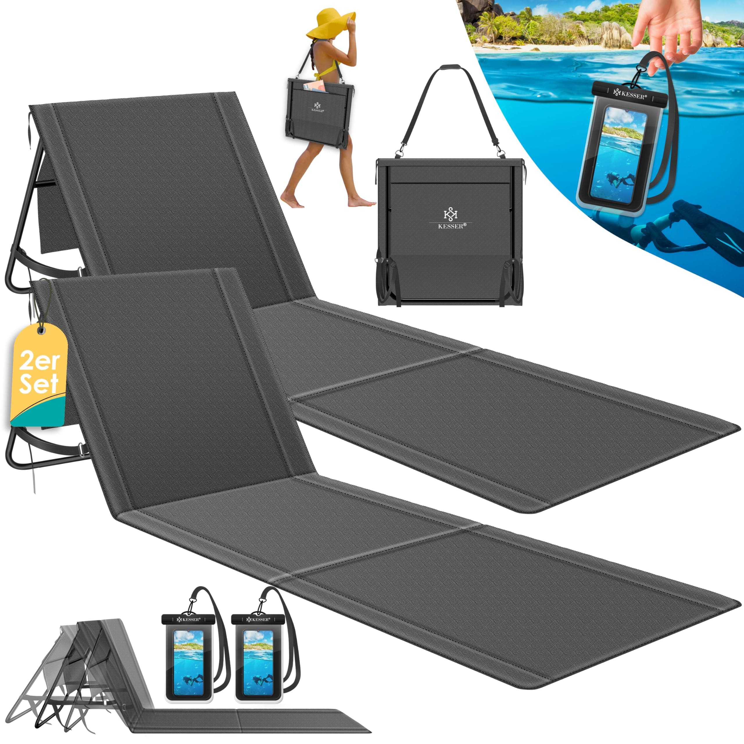 KESSER® 2er Set Strandmatte klappbar mit Verstellbarer Rückenlehne, Tragegurt, wasserdichter Tasche & Aufbewahrung – Faltbare Sonnenliege für Strand, Garten & Terrasse je 130 kg belastbar 2 Stück Anthrazit