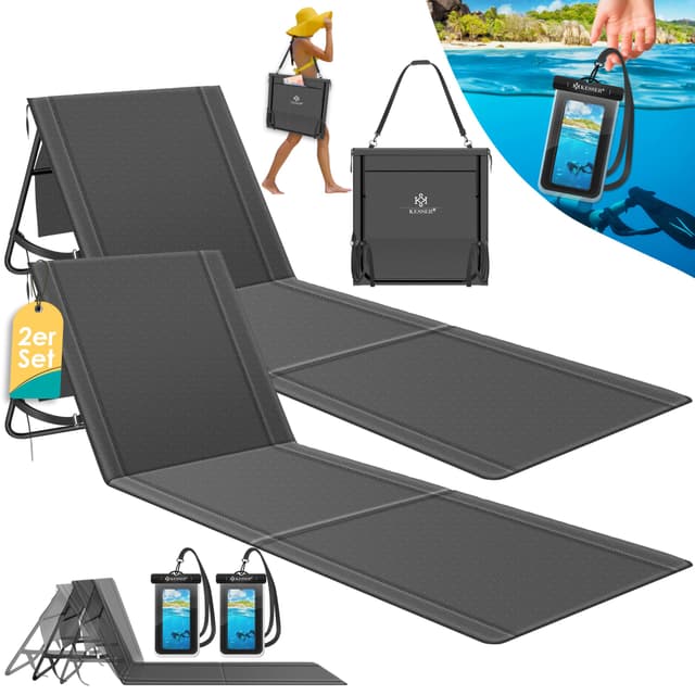 KESSER® 2er Set Strandmatte klappbar mit Verstellbarer Rückenlehne, Tragegurt, wasserdichter Tasche & Aufbewahrung – Faltbare Sonnenliege für Strand, Garten & Terrasse je 130 kg belastbar 2 Stück Anthrazit