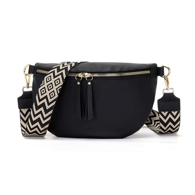 Vezluax 30x20cm umhängetasche Damen Bauchtasche Damen Groß Vegan Leder Crossbody Bag stylisch Frauen mit breitem Gurt Schwarz