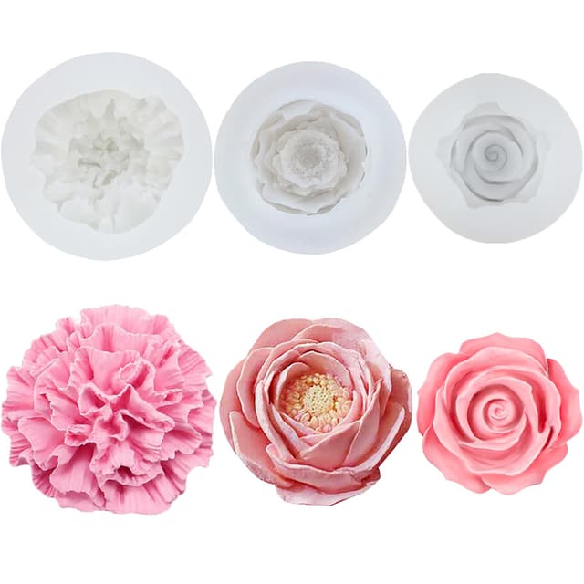 pekifaves 3 Stück Blumen Kerzen Silikonformen, Rosen Nelke Pfingstrose 3D Silicone Kerzenform, Silikonformen Gießformen Kerzen Kleine Blumen, DIY Herstellung, Gebäck 3Pcs Flowers