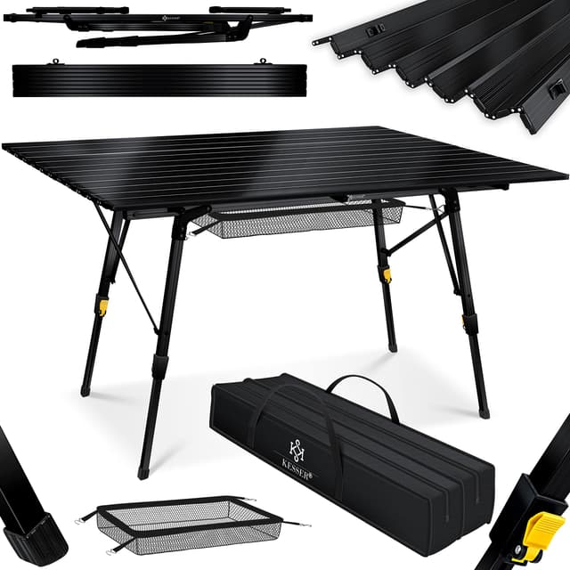 KESSER® Campingtisch faltbar Klapptisch mit Aluminiumrahmen Aufrollbare Tischplatte Falttisch klappbar Höhenverstellung 120x70cm - bis 100kg inkl. Tragetasche mit Trageband & Netztasche, Schwarz 120cm x 70cm Schwarz