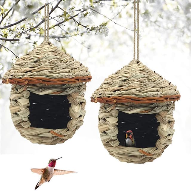 2 Stück Gras Bird Nest, Vogelnest Gras, Handgewebte Vogelhäuser, Verschleißfest Hängender Vogelnest, Handgewebte Vogelhütte Gras Bird Nest, für Wellensittich Meise, Kanarienvogel, Amsel (15x15 cm)
