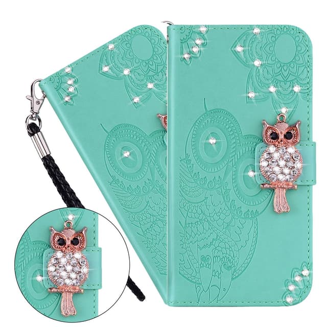LEMAXELERS Galaxy A40 Hülle,Für Samsung Galaxy A40 Handyhülle Glitzer Diamant Eule Blume Prägung Flip Case PU Leder Cover Magnet Schutzhülle Ständer Handytasche für Samsung Galaxy A40,YK Owl Green YK Owl 5