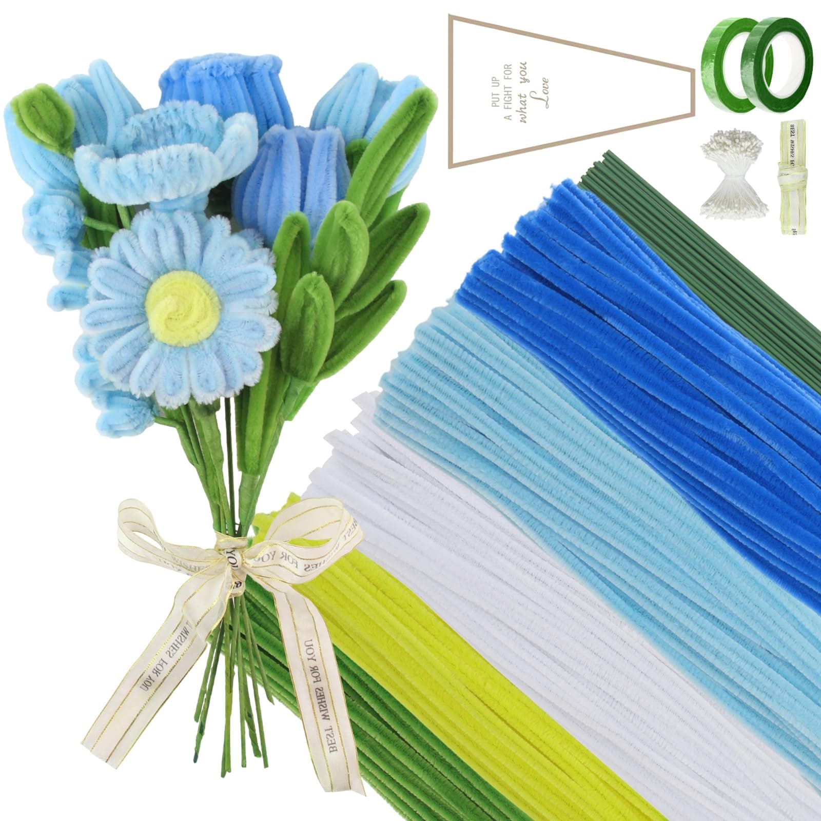 SJUNJIE 400 Stück Pfeifenreiniger Blumen Blau Pfeifenputzer zum Basteln 5 Farben mit 30 Grün Basteldraht 400 Staubgefäße 2 Klebeband Geschenkband Geschenkpapier für DIY Dekorationen Gradientenblau