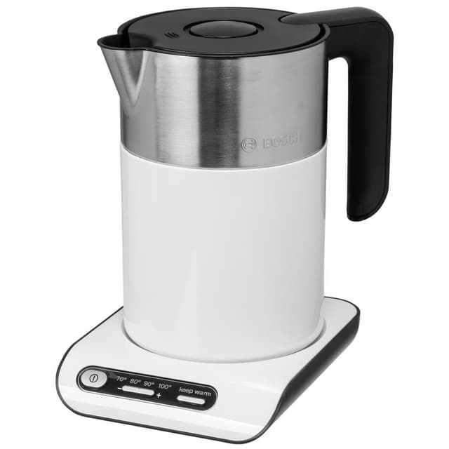 Bosch kabelloser Wasserkocher TWK8611P, Abschaltautomatik, Überhitzungsschutz, Temperaturwahl, Warmhaltefunktion, 1,5 L, 2400 W, weiß Single