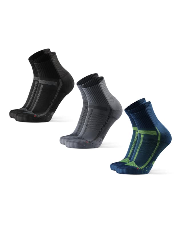 DANISH ENDURANCE Quarter Laufsocken, 3 Paar Knöchelhohe Sportsocken, Leichte Kompression, Atmungsaktiv & Gepolstert, Schweißableitend, Unisex, für Damen & Herren 43-47 1 Schwarz/Grau, 1 Blau/Gelb, 1 Grau/Schwarz