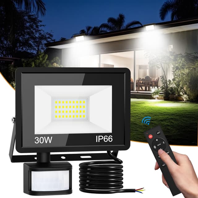 vighep Led Strahler mit Bewegungsmelder Außen, 30W Superhell LED Fluter mit Fernbedienung, IP66 Wasserdicht Scheinwerfer, 6500K Kaltweiß Aussenlampe für Garten Garage Hof Wand Kaltweiß 30W-1 Stück
