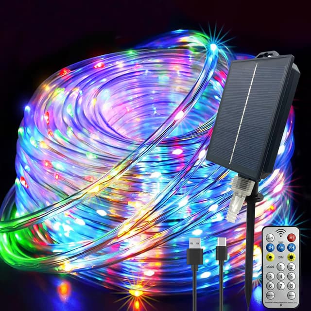 GLPE Solar Lichterkette Aussen, 20M 200 LED Lichtschlauch Außen Wetterfest mit USB Ladefunktion, 8 Modi Fernbedienung Solar Lichterschlauch Outdoor für Garten Weihnachten Trampolin Schwimmbad