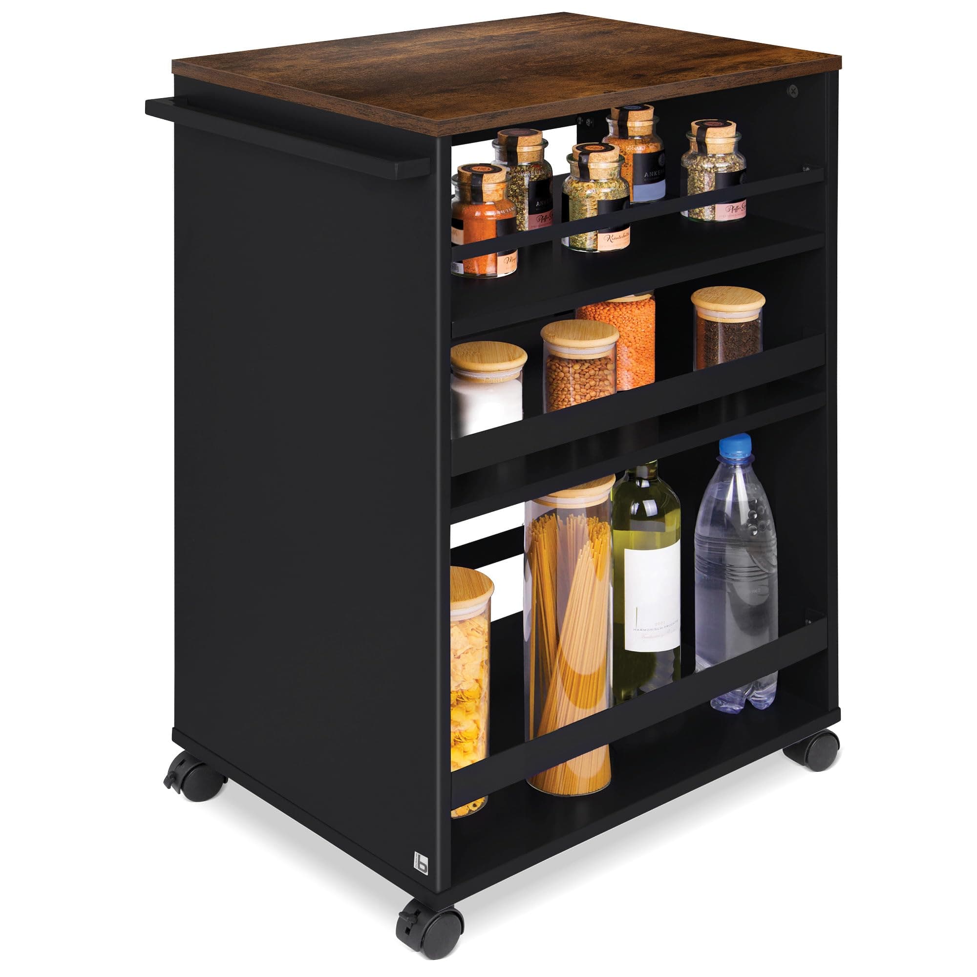 bomoe Nischenwagen Servierwagen auf Rollen mit 3 verstellbaren Ebenen & FSC® Holz Küchenwagen mit Arbeitsplatte – freistehender Universal Rollwagen Küche Bad Büro 50x38x79 cm Schwarz & Braun Bengt