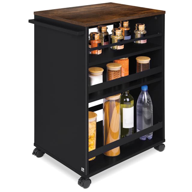 bomoe Nischenwagen Servierwagen auf Rollen mit 3 verstellbaren Ebenen & FSC® Holz Küchenwagen mit Arbeitsplatte – freistehender Universal Rollwagen Küche Bad Büro 50x38x79 cm Schwarz & Braun Bengt