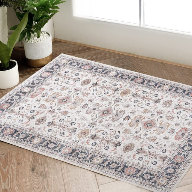 TOPICK Fußmatte Eingangsbereich Teppich Faltbar Dünner Waschbar Vintage Blumendruck Rutschfester Küche Badezimmer Wohnzimmer Schlafzimmer 60x90cm Braun Border | Braun 60 x 90 cm (Rechteckig)