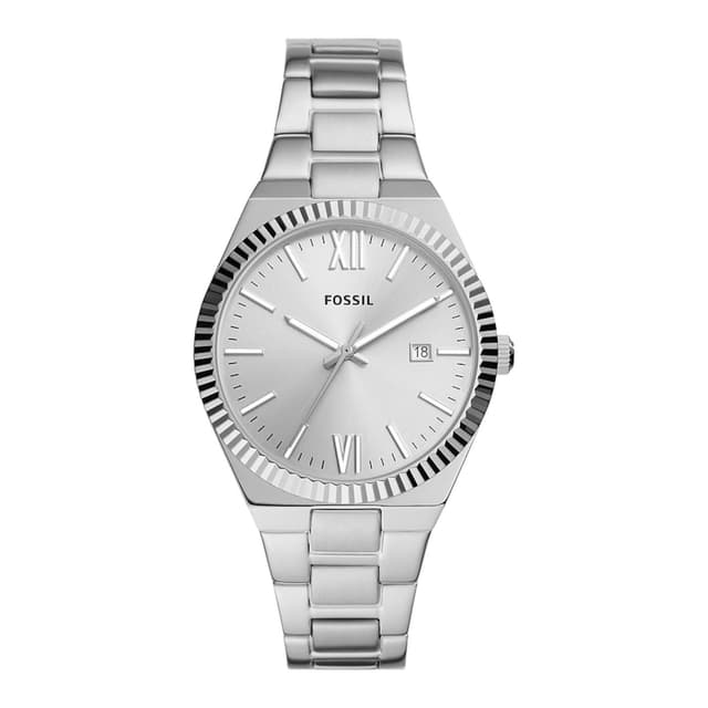 Fossil Scarlette Watch für Damen, 38mm Quarz-Dreizeiger-Datumswerk mit Edelstahlarmband Silberfarben
