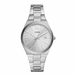 Fossil Scarlette Watch für Damen, 38mm Quarz-Dreizeiger-Datumswerk mit Edelstahlarmband Silberfarben