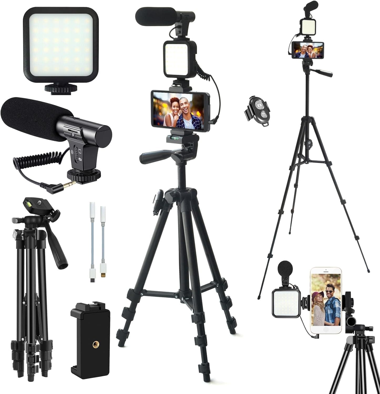 Vlogging-Kit, YouTube-Starter-Kit, Vlogging-Kit für iPhone/Android-Telefone/Kameras, Telefonhalter für Videoaufnahmen mit Ausziehbarem 50inch Stativ/Mikrofon/Aufhelllicht/Aufnahmefernbedienung PS-01