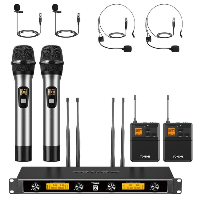TONOR 4-Kanal UHF Mikrofon Kabellos Set mit Handmikrofon/Bodypack Transmitter/Headset Funkmikrofon/Lavalier Ansteckmikrofonen, 4x5 Frequenzen 90m Reichweite Wireless Microphone für Gesang, Karaoke 2 Handgeräte & 2 Taschensender
