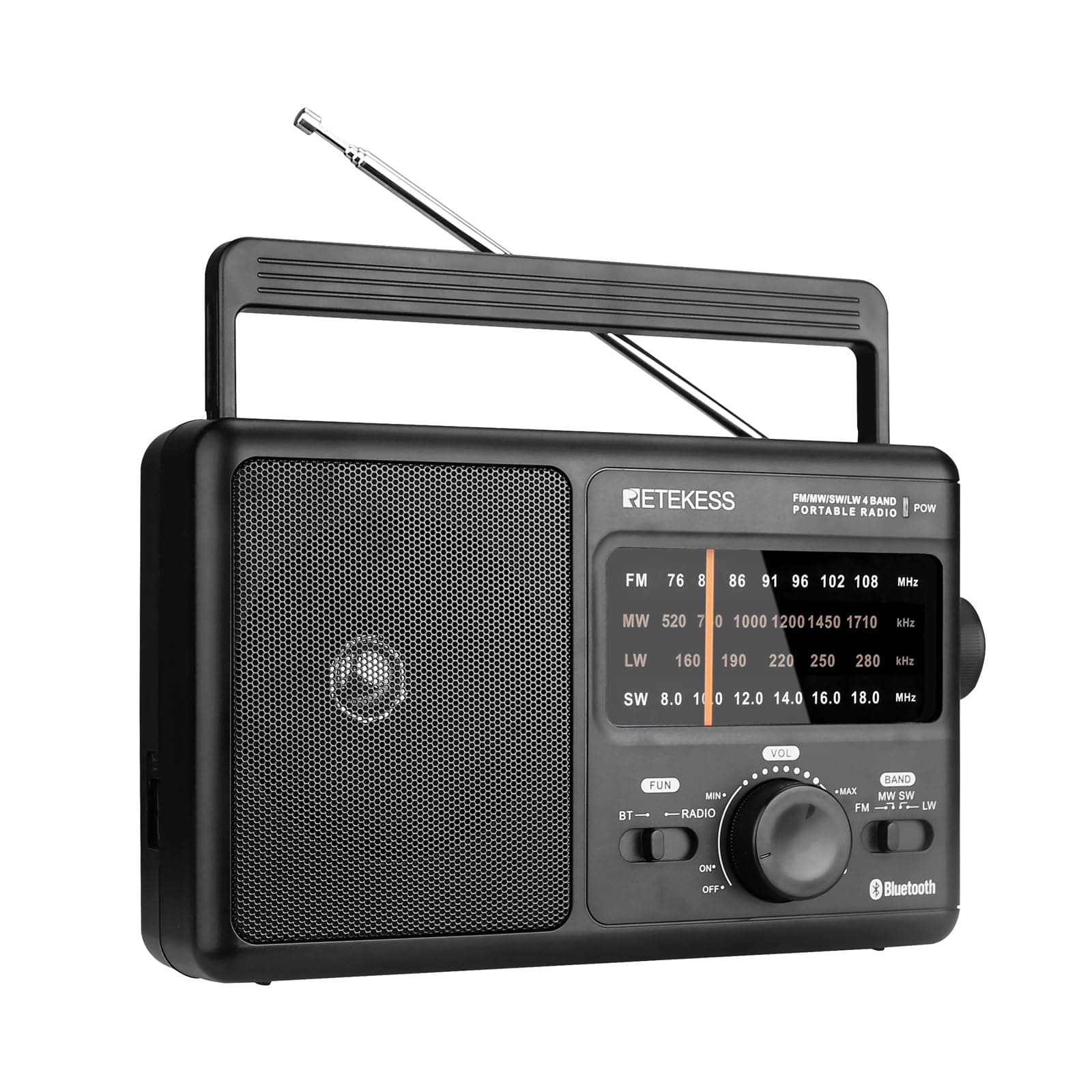 Retekess TR626 Tragbares Radio Batteriebetrieben,Weltempfänger Radio FM MW LW SW,Bluetooth,Großem Lautsprecher,Notfall,für Ältere Menschen (Schwarz)