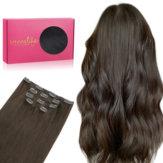 WENNALIFE Clip in Extensions Echthaar, 80g 5pcs 50cm Helles Dunkel Braun Extensions Clip in Remy Clip in Extensions Natürliche Haarverlängerung Echthaar 50cm-80g #2A Helles Dunkel Braun
