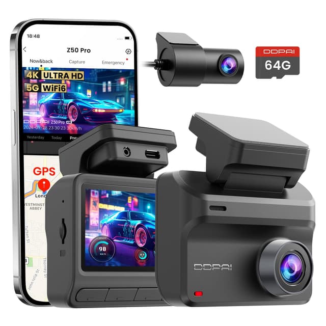 DDPAI Dashcam Auto Vorne Hinten 4K+1080P, Echtes 4K AI-ISP Nachtsicht Dash Cam, Autokamera mit 64GB Karte, 4G LTE Support, 5GHz WiFi 6 GPS, 48H Parküberwachung, 3" IPS-Display, G-Sensor, ADAS, Z50 Pro