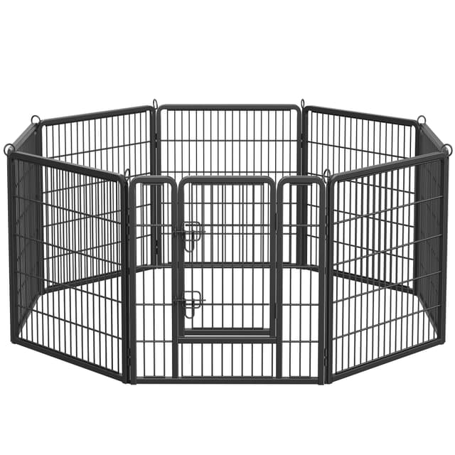 Feandrea Freilaufgehege, Laufstall DIY, mit 8 Gitterplatten je 77 x 80 cm, 2 L-förmige Riegel, transportabel, für innen und außen, extra große Haustiere ohne Halsband, schwarz PPK88H XL (77 x 80 cm) Schwarz