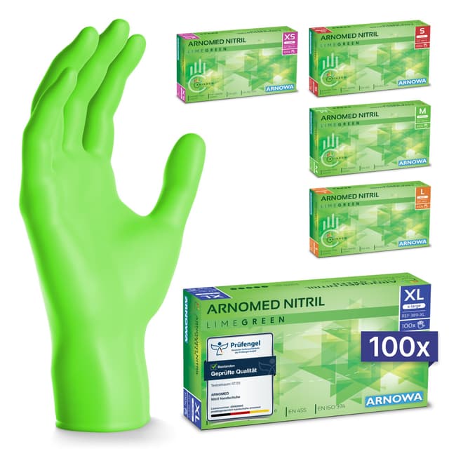 ARNOMED Einweghandschuhe Grün 100 Stück/Box, Nitrilhandschuhe XL, Einmalhandschuhe, Handschuhe Einweg puderfrei, latexfreie Gummihandschuhe, Einweghandschuhe in XS, S, M, L & XL verfügbar XL Limettengrün