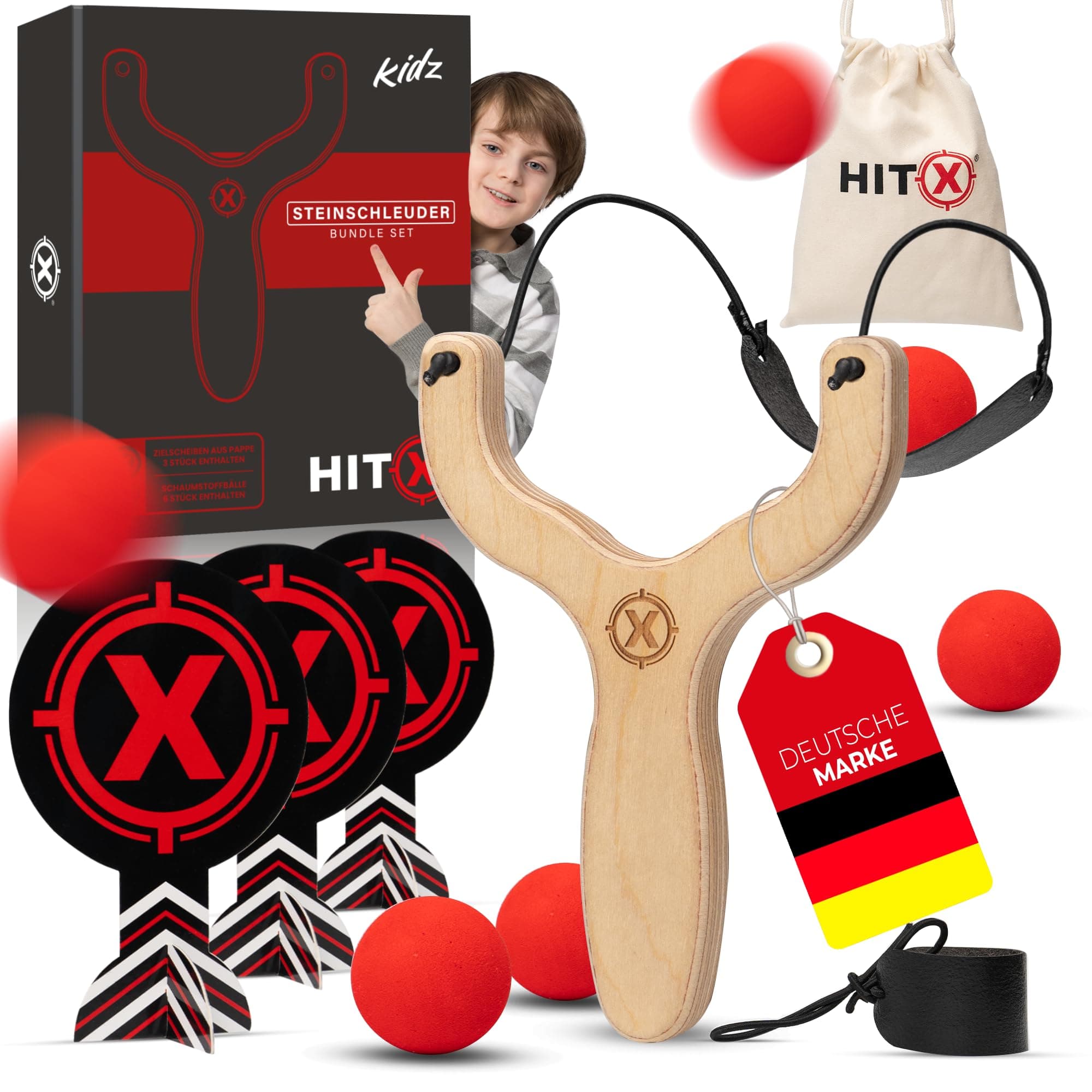 HITX® Steinschleuder Kinder mit 6 weichen Bällen & 3 Zielen aus Pappe | Zwille Kinder einfach zu bedienen | Slingshot Schleuder Kinder Komplettset mit Ersatzgummi für Schleuder | Kidz Zwille