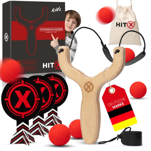 HITX® Steinschleuder Kinder mit 6 weichen Bällen & 3 Zielen aus Pappe | Zwille Kinder einfach zu bedienen | Slingshot Schleuder Kinder Komplettset mit Ersatzgummi für Schleuder | Kidz Zwille