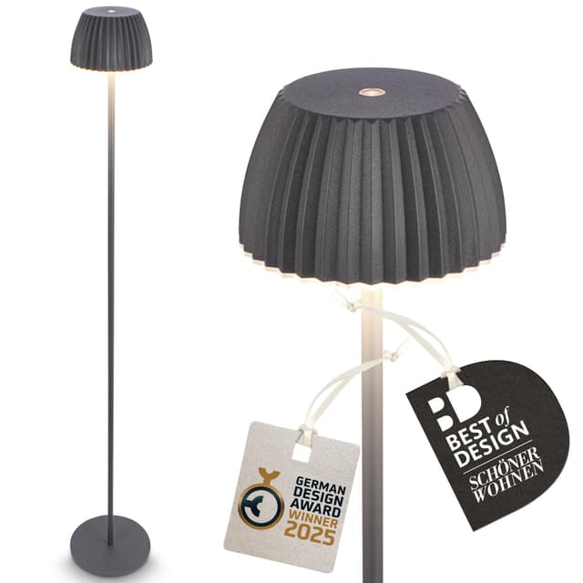 BRILONER - Riffle LED Stehlampe kabellos IP44 mit Touch, dimmbar, Memoryfunktion, Akku tauschbar, Akku Stehleuchte, Leselampe, Wohnzimmerlampe, German Design Award Winner 2025, 19x124 cm, Anthrazit Stehlampe Anthrazit 124 cm