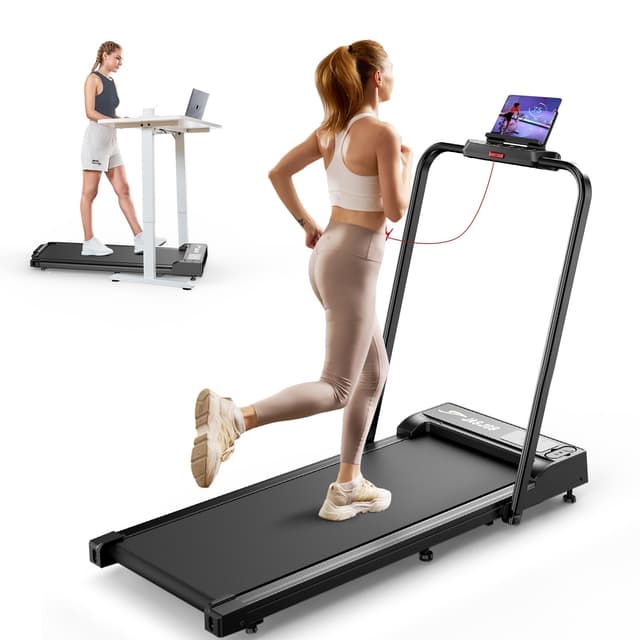 Laufband für Zuhause Klappbar, 1-10km/h Laufband Klappbar, 2 in 1 Walking Pad mit Armlehnen, Walking Pad Schreibtisch mit Fernbedienung, für Büro/Zuhause, 120 kg Kapazität Dunkelschwarz
