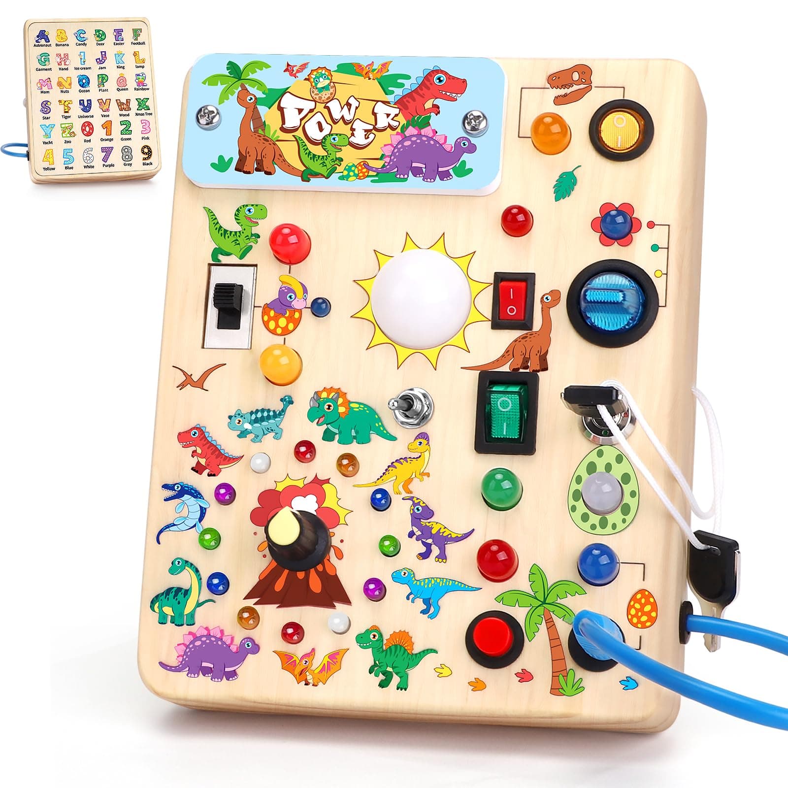 Konijiwa Dinosaur Montessori Spielzeug ab 1 Jahr Busy Board Activity Board Spielzeug ab 2 Jahre Holzspielzeug mit 10 Schalter 23 LED-Leuchten Spielzeug Sensory Learning Toys für 1 2 3 Jahre Jungen Dinosaurier