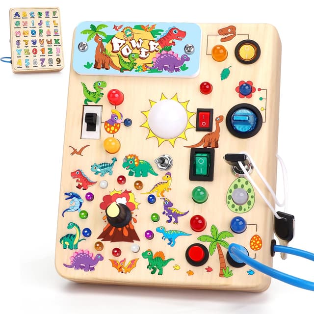 Konijiwa Dinosaur Montessori Spielzeug ab 1 Jahr Busy Board Activity Board Spielzeug ab 2 Jahre Holzspielzeug mit 10 Schalter 23 LED-Leuchten Spielzeug Sensory Learning Toys für 1 2 3 Jahre Jungen Dinosaurier