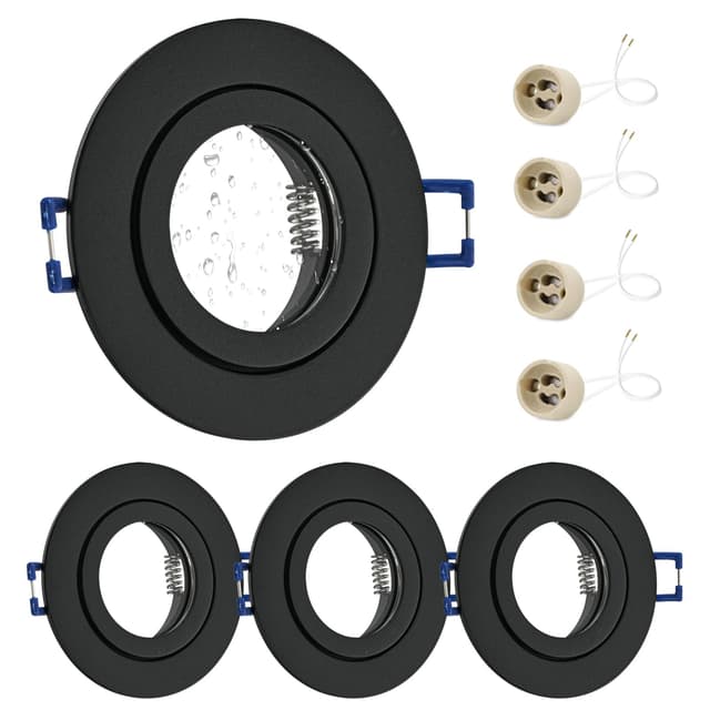 GeyouLux 4x LED Einbaustrahler 230V IP44 Rahmen mit GU10 Fassung, Aluminium Deckenspots Schwarz, Rund Flach LED Spots Badezimmer Einbauspots Spot Einbaurahmen 68mm lochmass für Außen- Innen Schwarz 4 Stück IP44