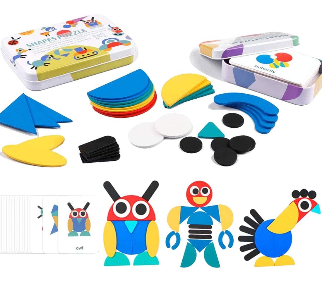 EACHHAHA Holzpuzzles ab 3 Jahr, Montessori Spielzeug für Kinder ab 3 Jahren, Geometrische Formen Lernspielzeug mit 60 Designkarten und 36 Puzzleteile, Geschenke für Jungen und Mädchen