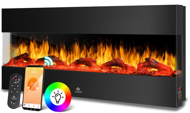 KESSER® Wandkamin Elektrokamin 3D Elektrischer 138cm Kamin mit Heizung 9 Farbmodi LED Flammeneffekt, 900/1800 W Kaminofen Wand und Einbaukamin Wandmontage Heizung App-Funktion Fernbedienung schwarz 138 cm Schwarz