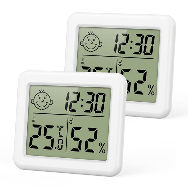 ORIA Digital Thermometer Hygrometer, 2 Stk Innen Luftfeuchtigkeitsmesser Temperatur-Monitor mit Uhr, Hohen Genauigkeit, °C/°F, Luftkomfort Indikator, Raumthermometer für Gewächshaus,Büro, Haus 2 Stück